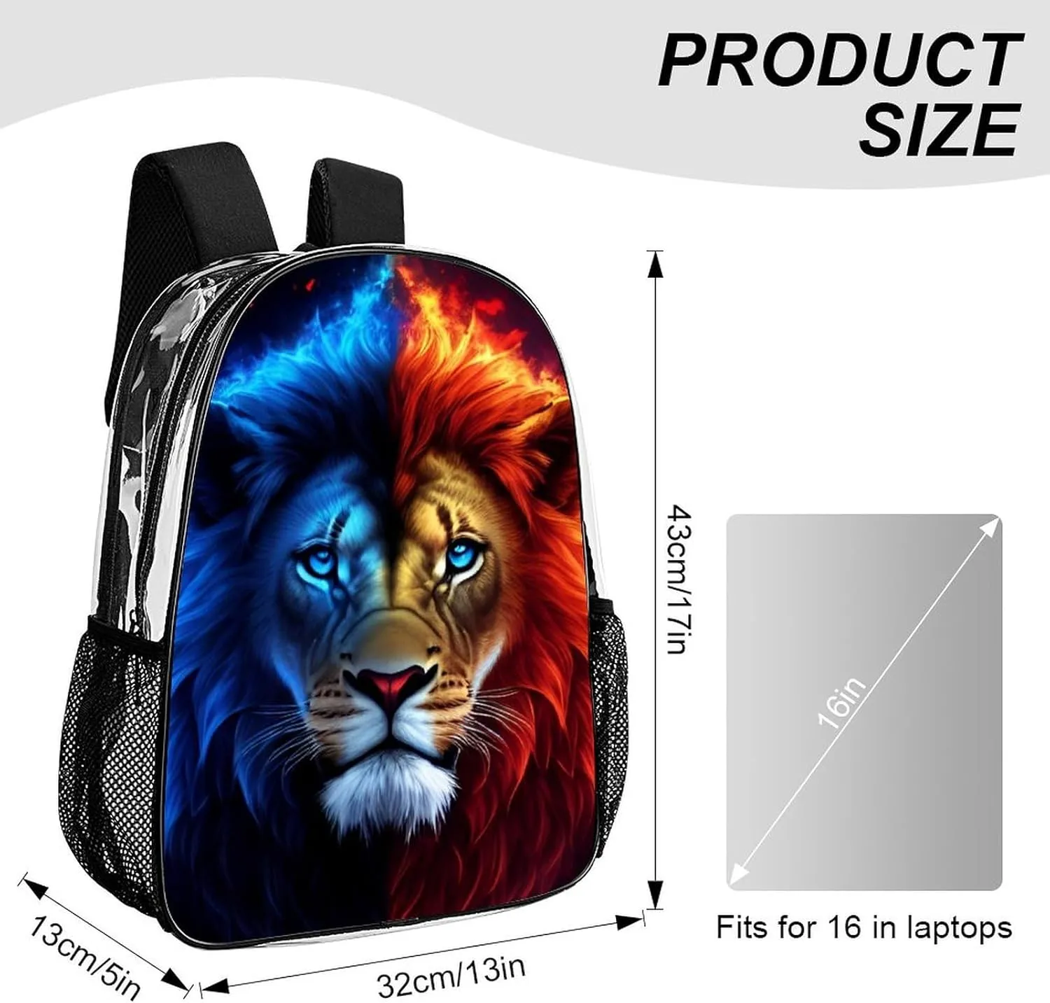 Rucksack Anti-Theft Multipurpose Large Capacity Carry On Bag - Cool Lion Blue And Red Fire Surreal Style Art Travel Hiking Day Pack Transparent Bag
