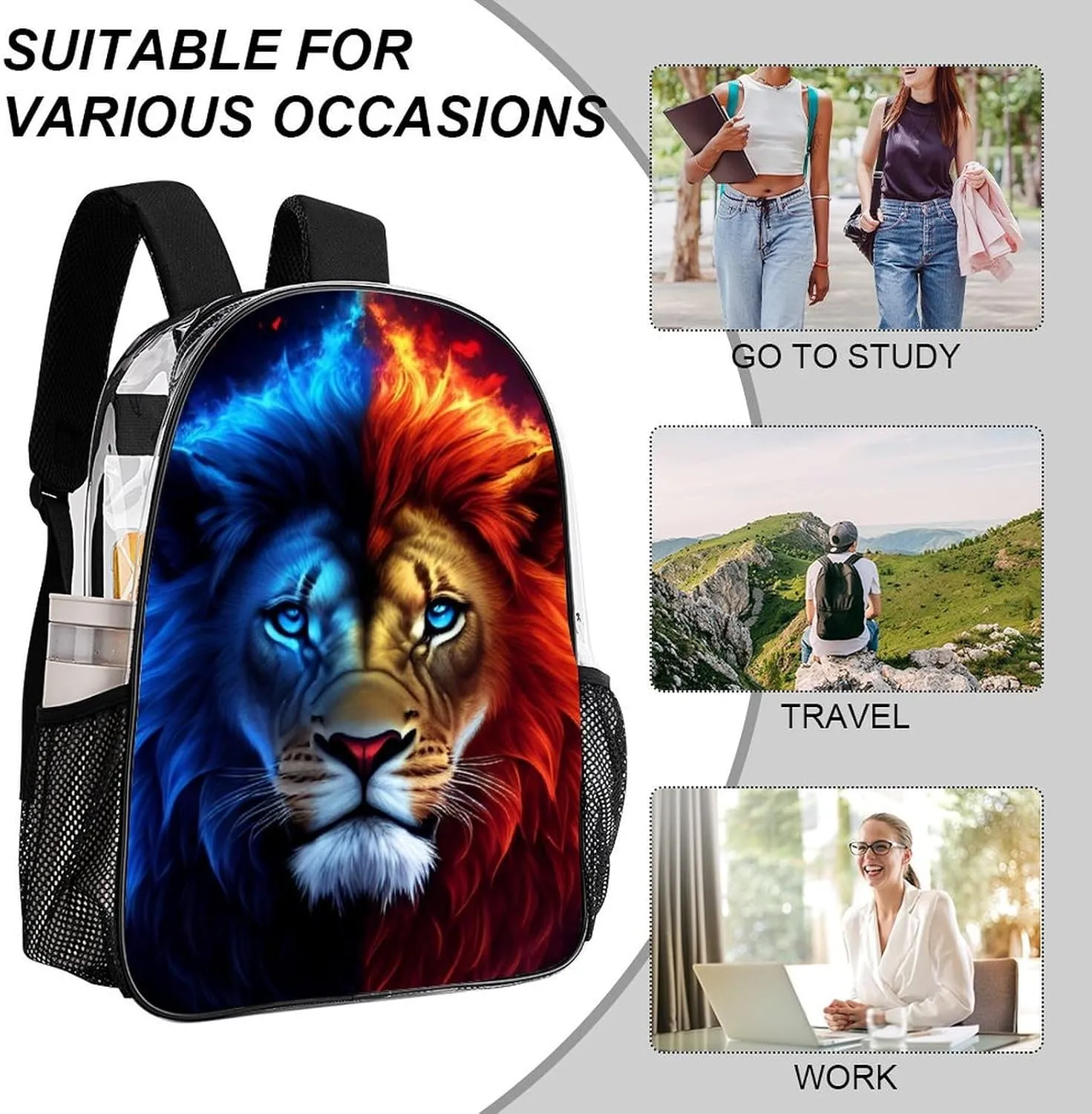 Rucksack Anti-Theft Multipurpose Large Capacity Carry On Bag - Cool Lion Blue And Red Fire Surreal Style Art Travel Hiking Day Pack Transparent Bag