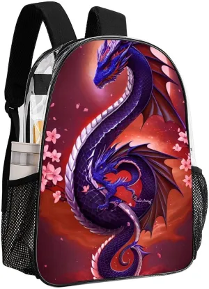 Rucksack Anti-Theft Multipurpose Large Capacity Carry On Bag - Romantic Dragon Cherry Flowers Art Travel Hiking Day Pack Transparent Bag