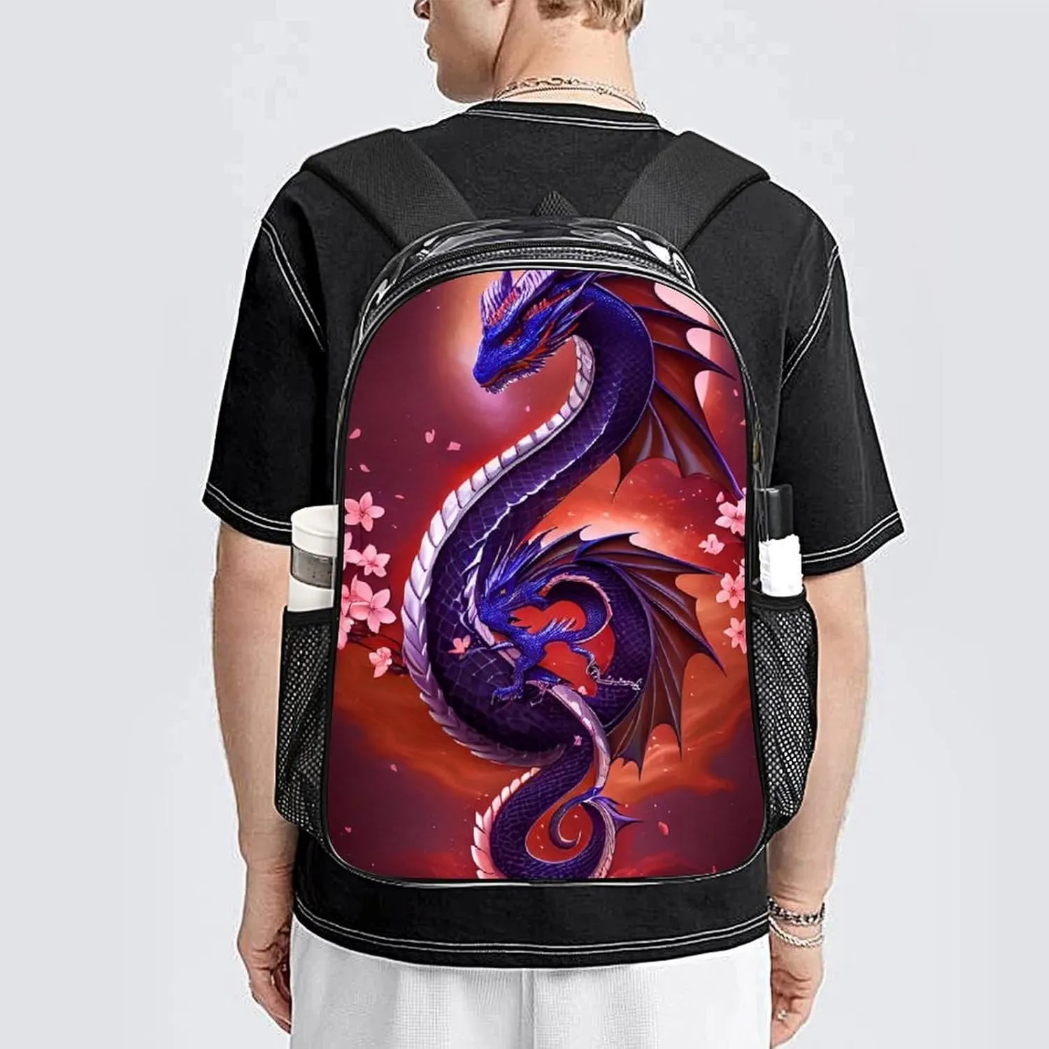 Rucksack Anti-Theft Multipurpose Large Capacity Carry On Bag - Romantic Dragon Cherry Flowers Art Travel Hiking Day Pack Transparent Bag