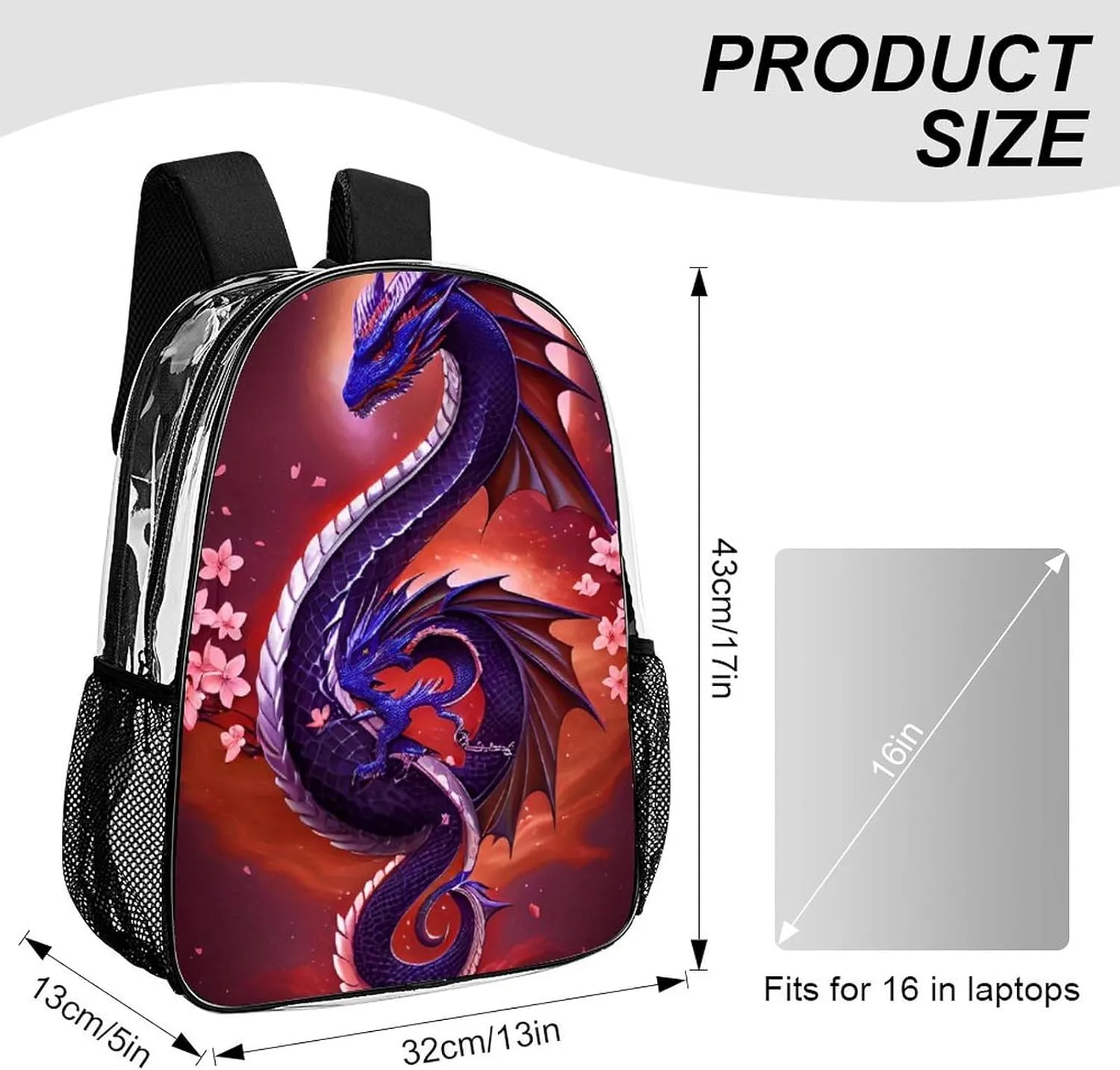Rucksack Anti-Theft Multipurpose Large Capacity Carry On Bag - Romantic Dragon Cherry Flowers Art Travel Hiking Day Pack Transparent Bag