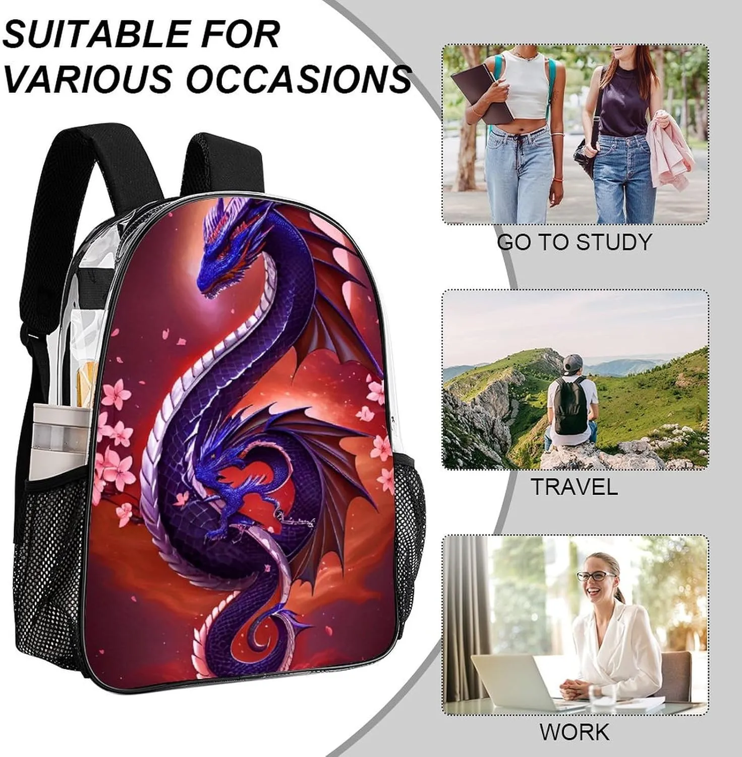 Rucksack Anti-Theft Multipurpose Large Capacity Carry On Bag - Romantic Dragon Cherry Flowers Art Travel Hiking Day Pack Transparent Bag