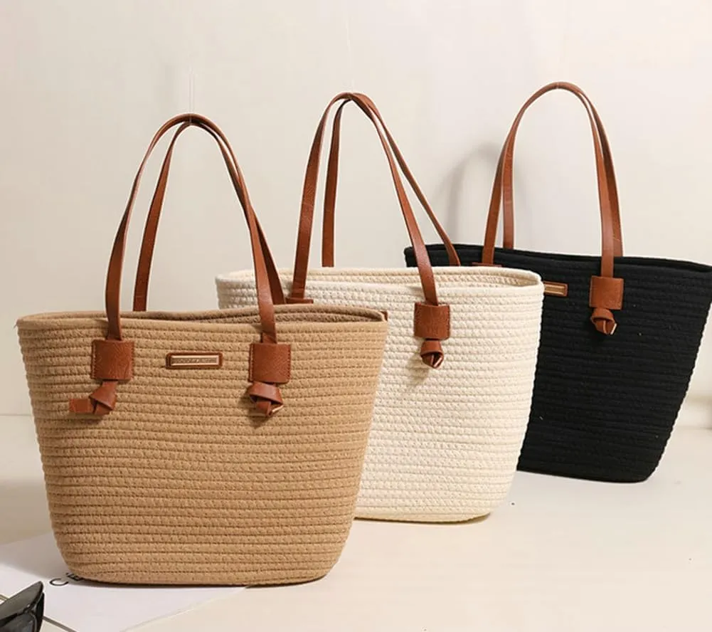 Rungion Large Woven Tote Bags for Women Cotton Rope Handbag Summer Beach Shoulder Bag Vacation Top Handle Purses