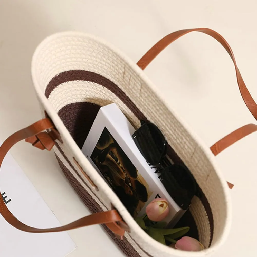 Rungion Large Woven Tote Bags for Women Cotton Rope Handbag Summer Beach Shoulder Bag Vacation Top Handle Purses