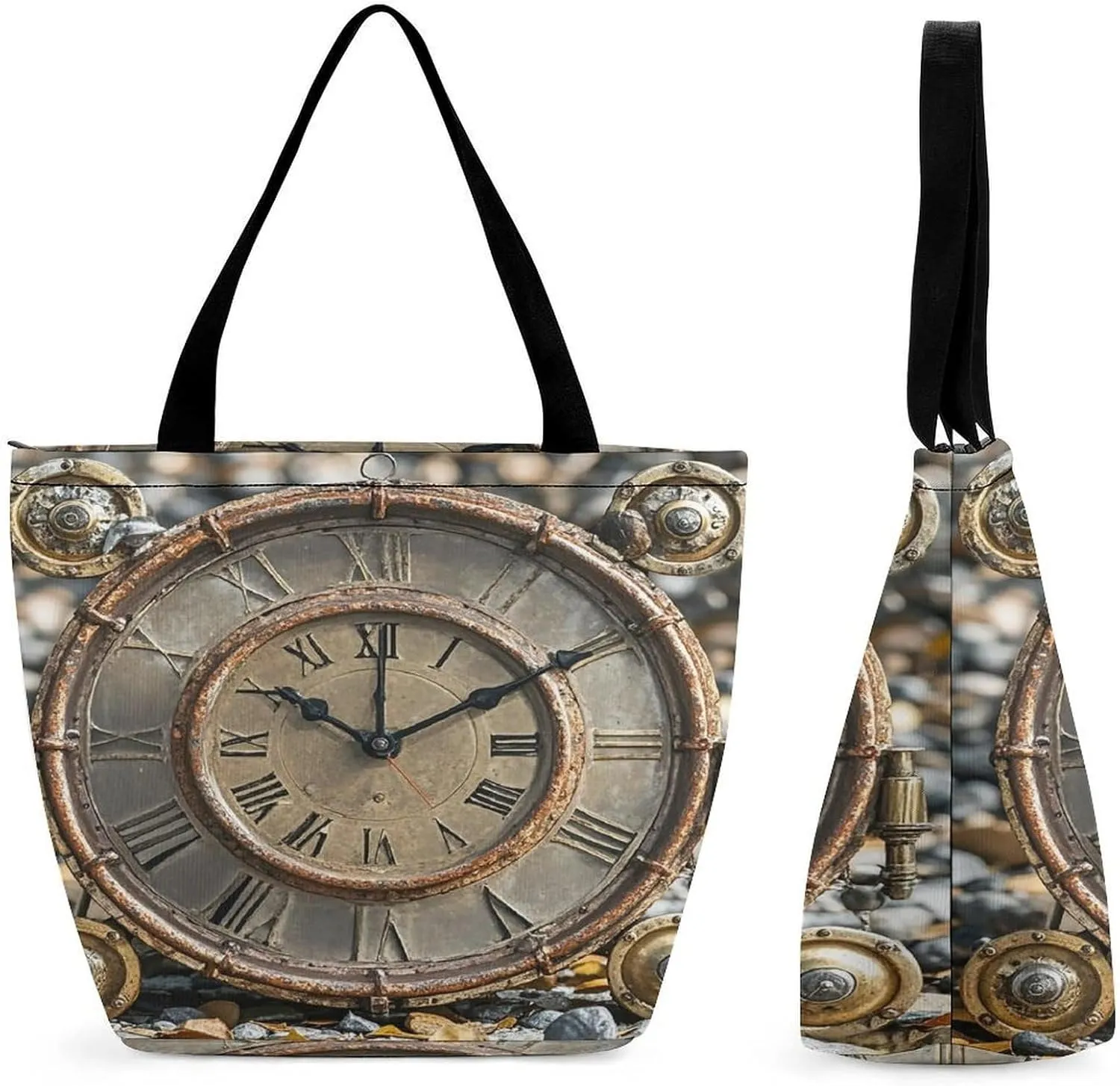 Rusty Steampunk Clock Tote Bags Reusable Grocery Bags Shopping Zippered Tote for Office Graduation Travel