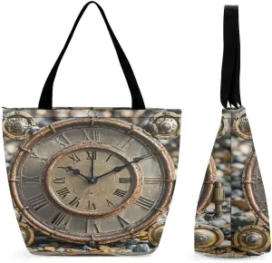 Rusty Steampunk Clock Tote Bags Reusable Grocery Bags Shopping Zippered Tote for Office Graduation Travel