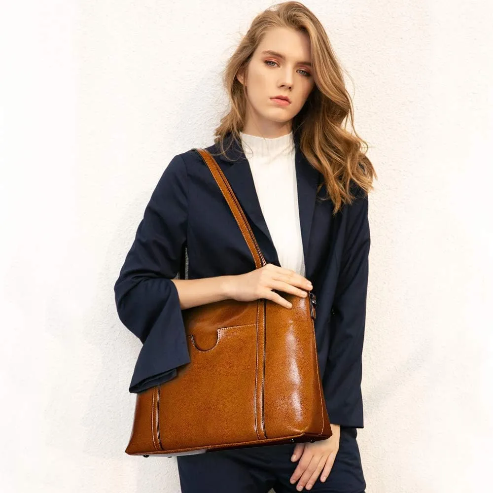 S-ZONE Women Genuine Leather Top Handle Satchel Daily Work Tote Shoulder Bag