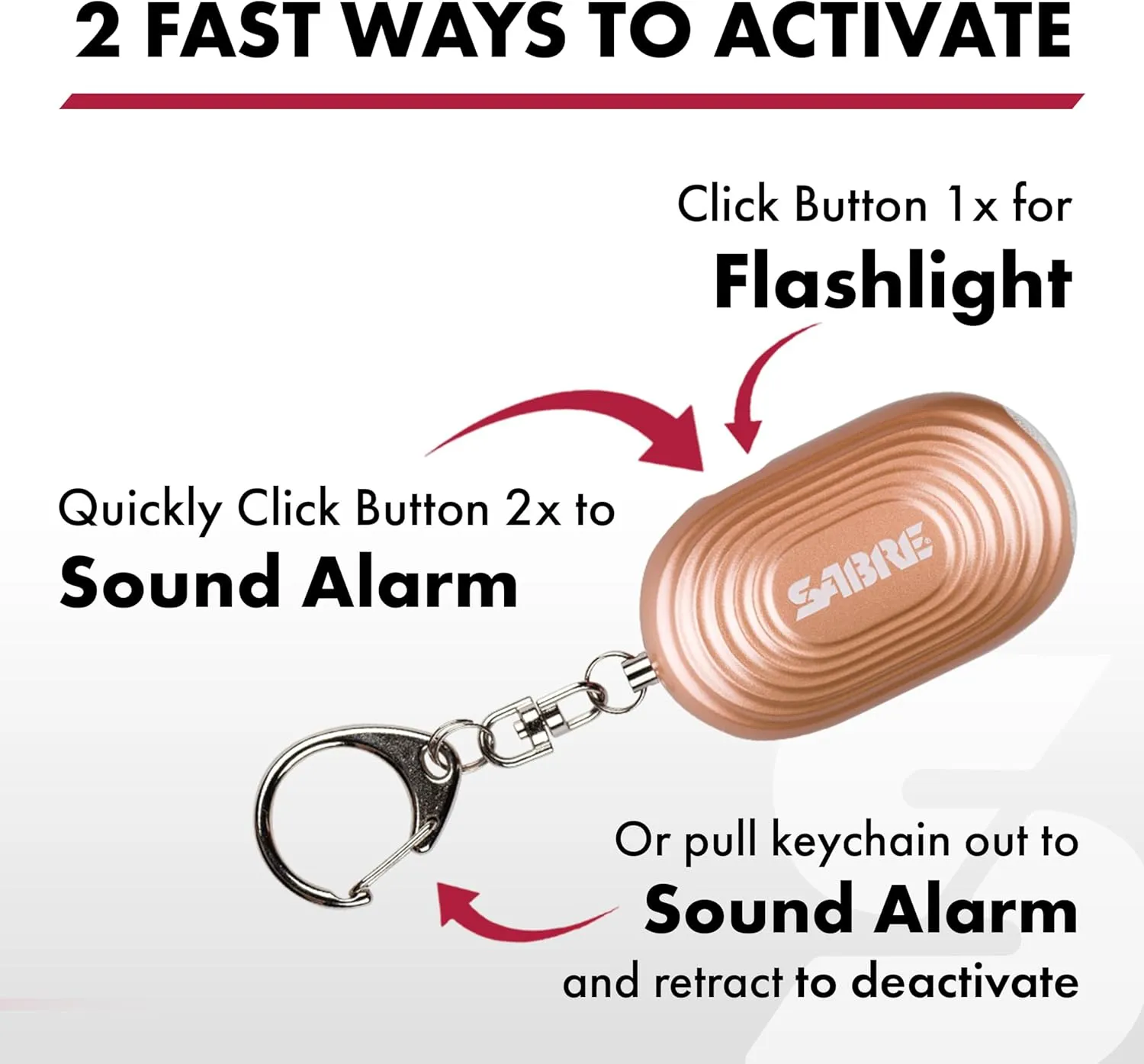 SABRE 2-in-1 Personal Alarm with LED Light, 130dB Personal Safety Siren, Snap Hook for Instant Access, 1,250 Foot (381 Meters) Range, Compact Design for Easy Attachment to Purse, Bag, or Keys