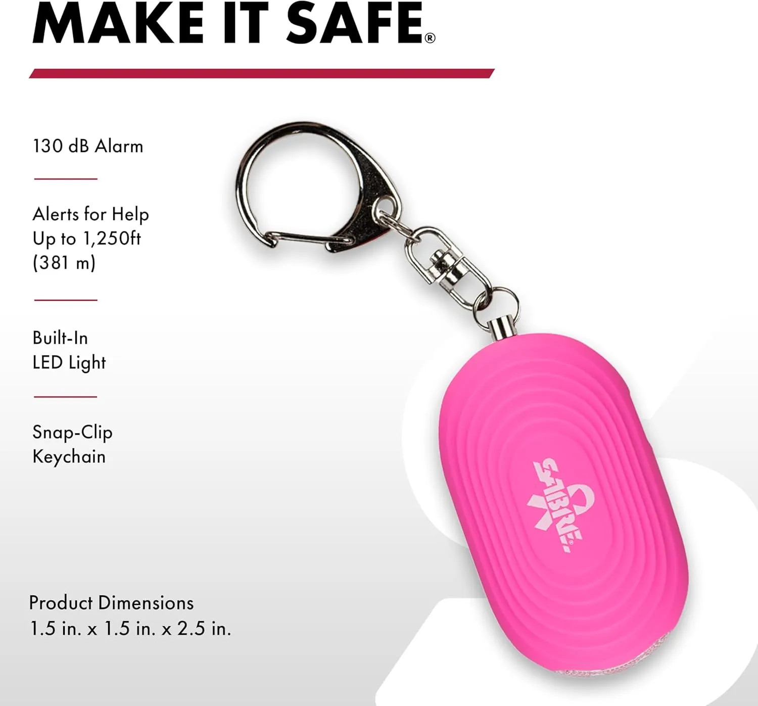SABRE 2-in-1 Personal Alarm with LED Light, 130dB Personal Safety Siren, Snap Hook for Instant Access, 1,250 Foot (381 Meters) Range, Compact Design for Easy Attachment to Purse, Bag, or Keys