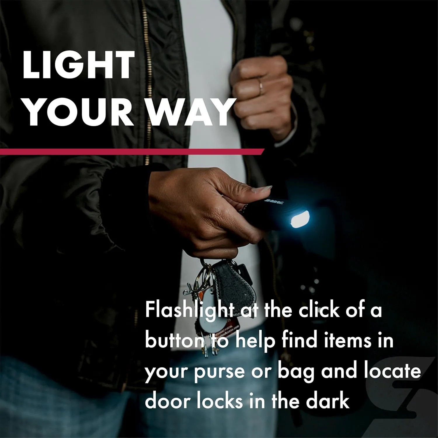 SABRE 2-in-1 Personal Alarm with LED Light, 130dB Personal Safety Siren, Snap Hook for Instant Access, 1,250 Foot (381 Meters) Range, Compact Design for Easy Attachment to Purse, Bag, or Keys