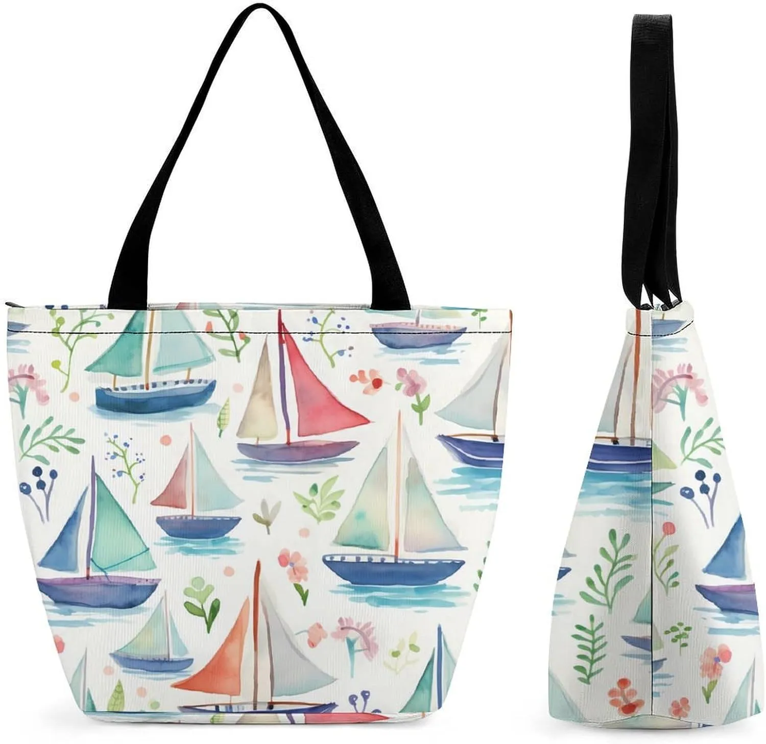 Sailboat Colorful Cute Womens Tote Bag Purse with Zippered Shoulder Handbags For Work