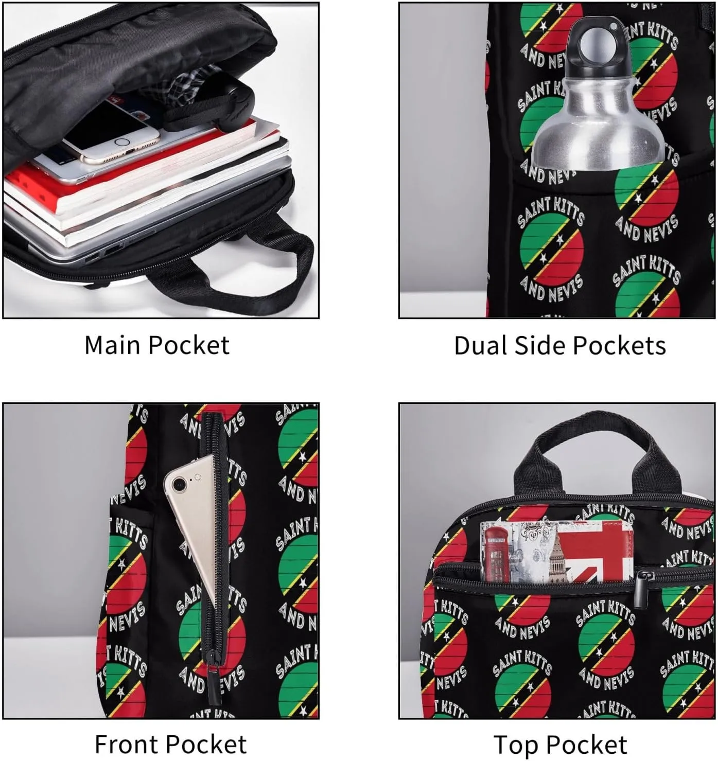 Saint Kitts Nevis Roots Flag Casual Laptop Backpack Travel Rucksack Sports Daypack Adjustable Strap Bags with Multi-Pockets for Working Running Camping