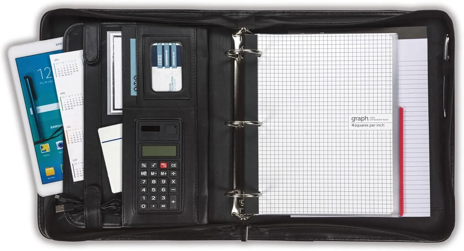 Samsill Professional Padfolio/Portfolio with Zippered Closure Case, 2 Inch Removable Round Ring Binder, Retractable Handles, Interior 10.1” Tablet Sleeve, Black