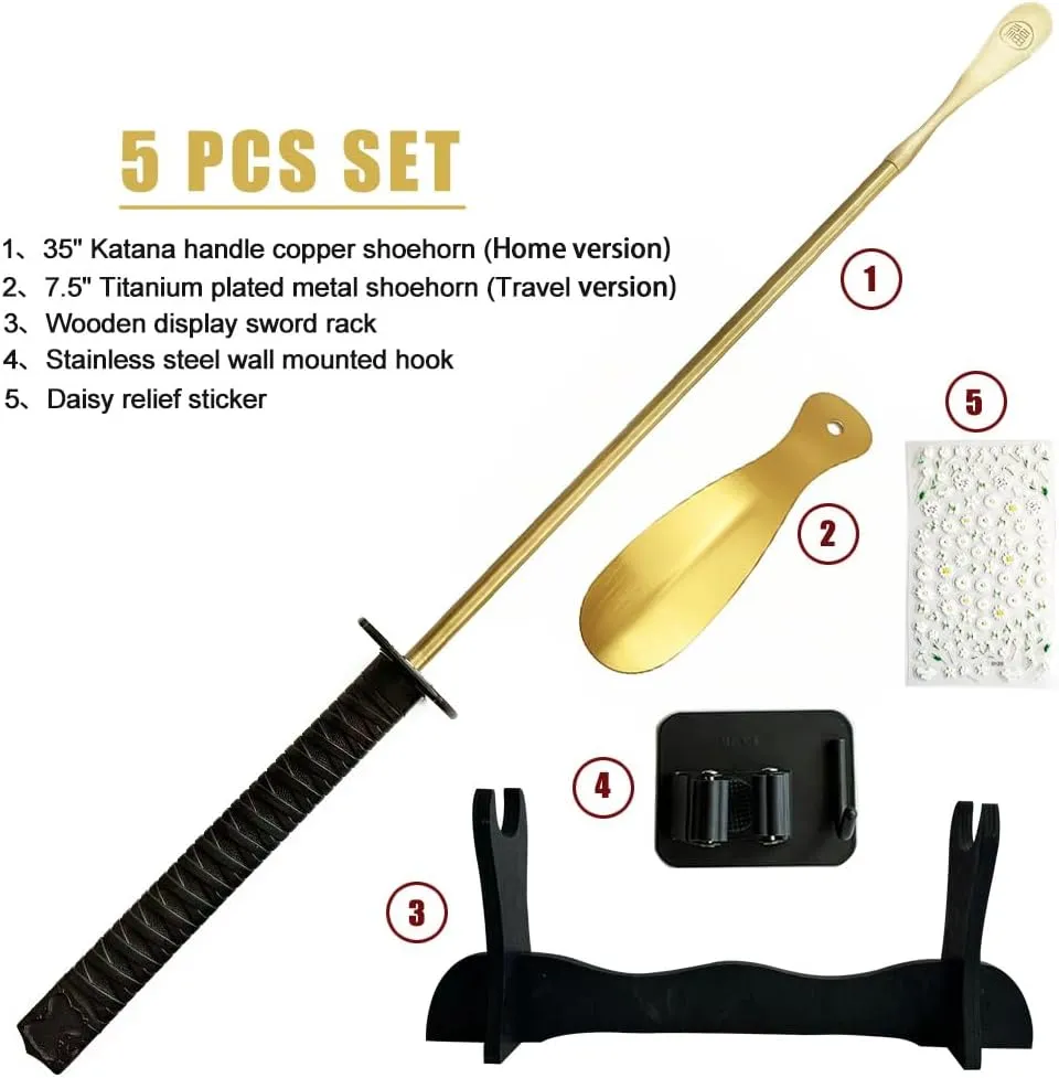 Samurai Sword Style 35" Brass Shoe Horn Set, 5PCS Luxury Kit with Wall Hook, Katana Stand, Travel Horn