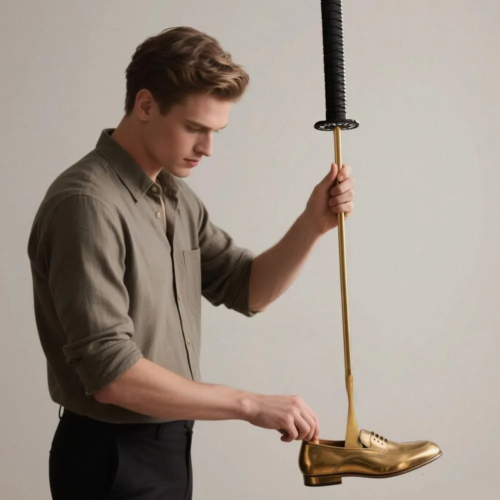 Samurai Sword Style 35" Brass Shoe Horn Set, 5PCS Luxury Kit with Wall Hook, Katana Stand, Travel Horn
