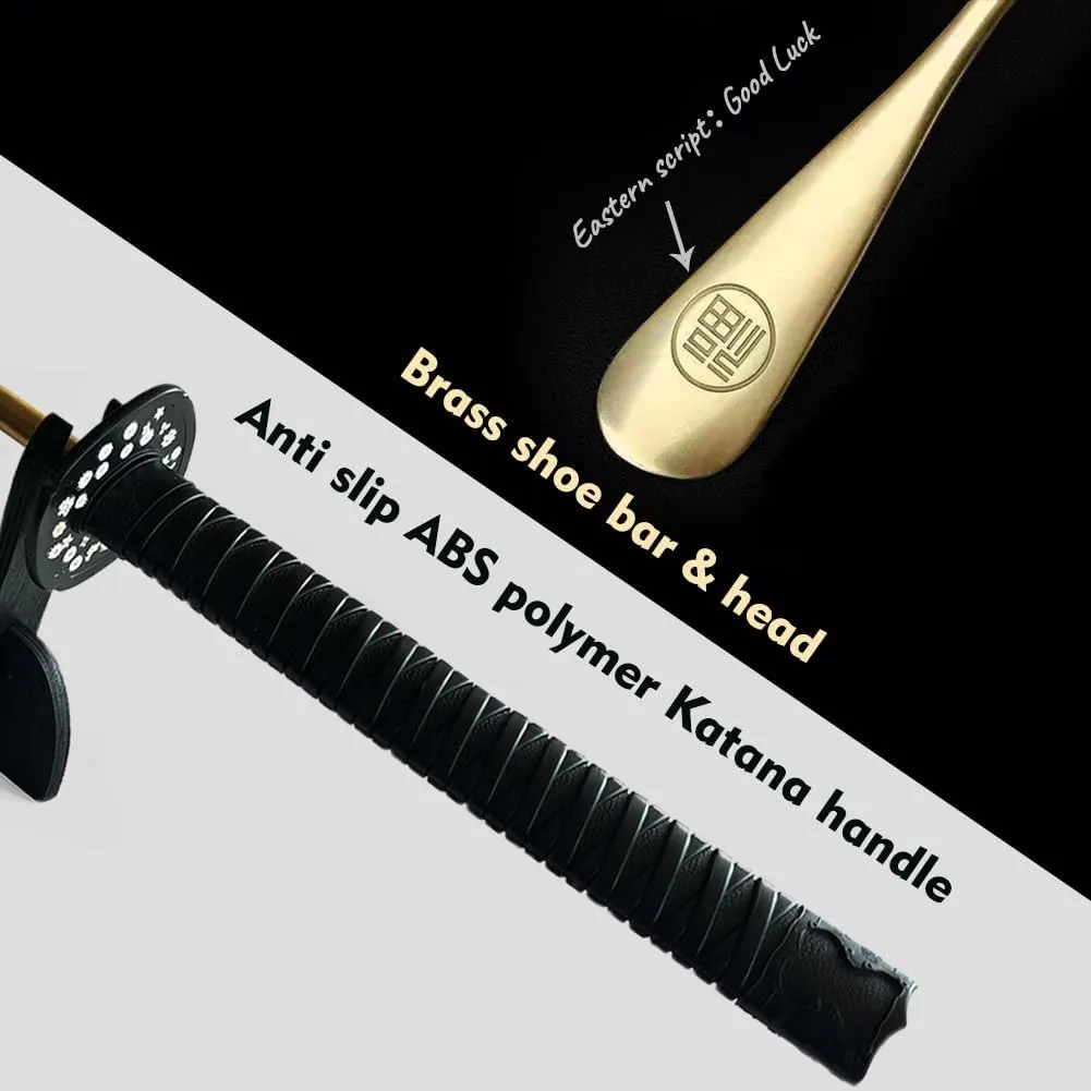Samurai Sword Style 35" Brass Shoe Horn Set, 5PCS Luxury Kit with Wall Hook, Katana Stand, Travel Horn