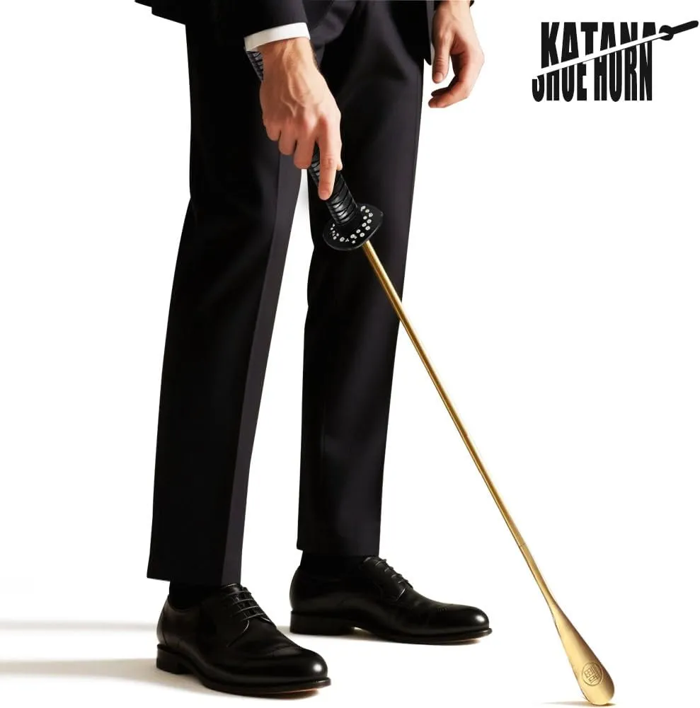 Samurai Sword Style 35" Brass Shoe Horn Set, 5PCS Luxury Kit with Wall Hook, Katana Stand, Travel Horn