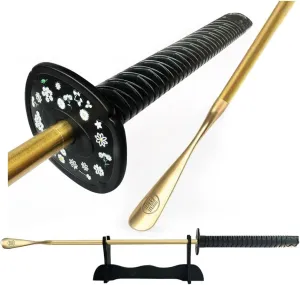 Samurai Sword Style 35" Brass Shoe Horn Set, 5PCS Luxury Kit with Wall Hook, Katana Stand, Travel Horn