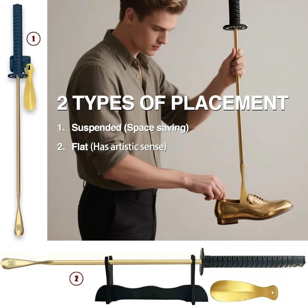 Samurai Sword Style 35" Brass Shoe Horn Set, 5PCS Luxury Kit with Wall Hook, Katana Stand, Travel Horn