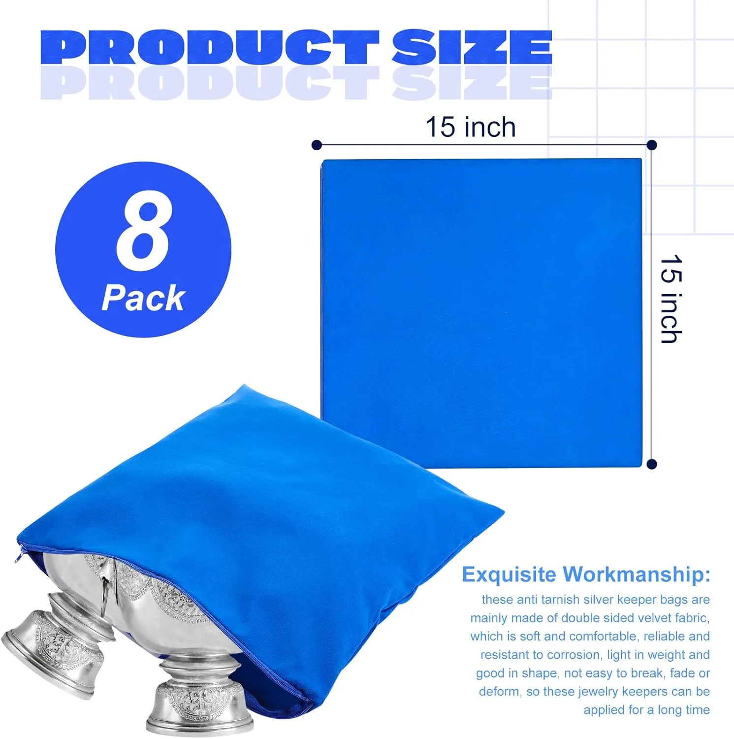 Sanwuta 8 Pcs Zippered Silver Storage Bags Anti Tarnish Silver Pouches Keeper Jewelry Storage Protector Bags(15 x 15 Inch,Navy Blue)