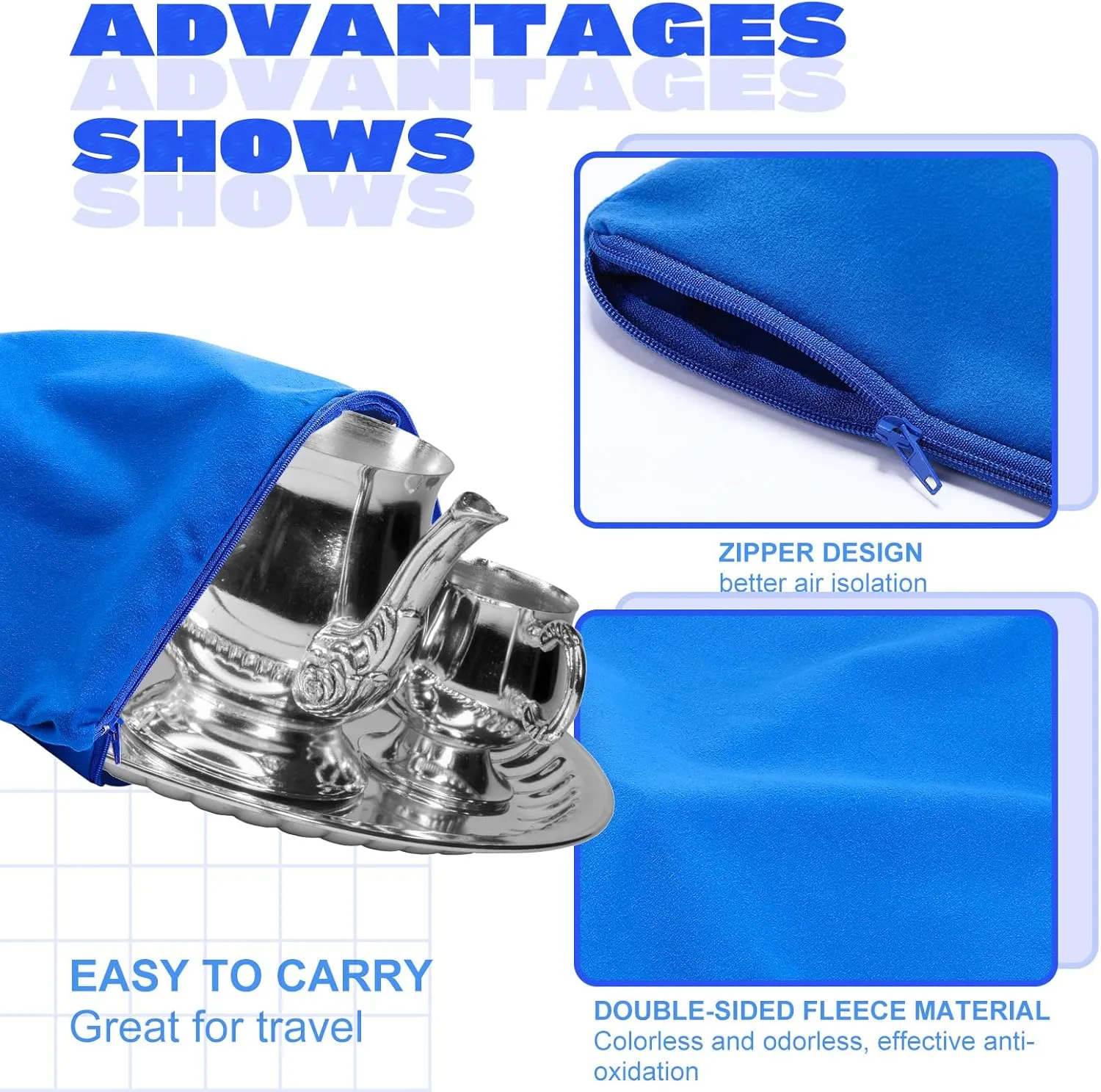 Sanwuta 8 Pcs Zippered Silver Storage Bags Anti Tarnish Silver Pouches Keeper Jewelry Storage Protector Bags(15 x 15 Inch,Navy Blue)