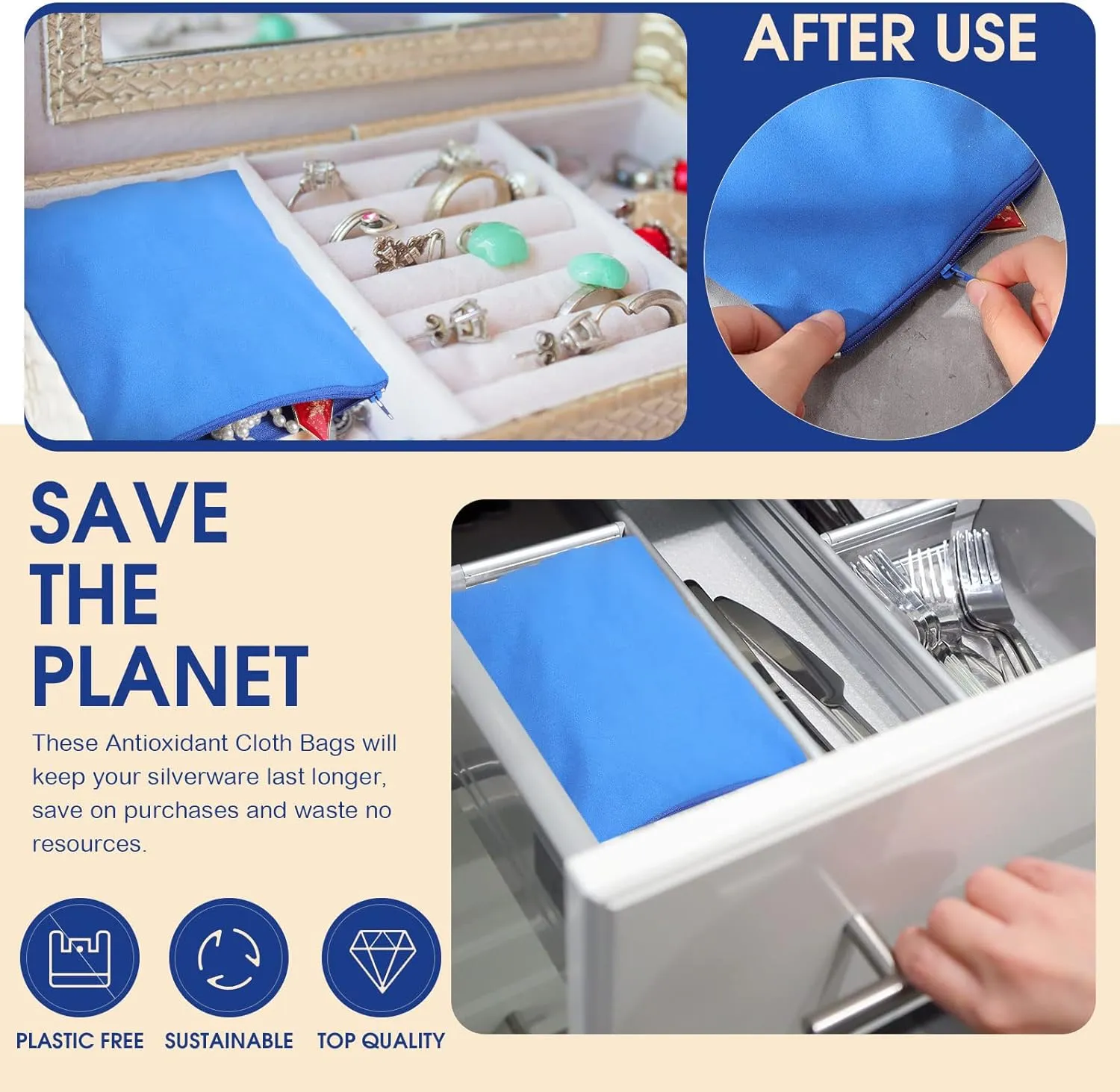 Sanwuta 8 Pcs Zippered Silver Storage Bags Anti Tarnish Silver Pouches Keeper Jewelry Storage Protector Bags(5.9 x 5.9 Inch,Navy Blue)