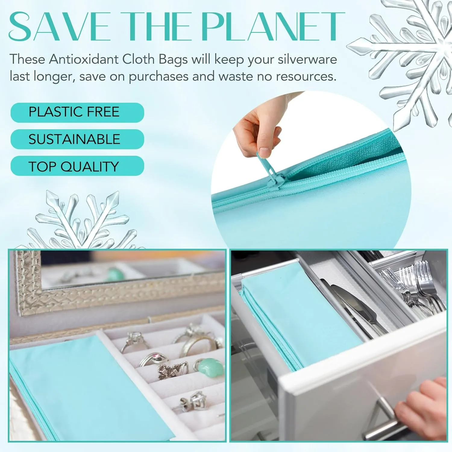Sanwuta 8 Pcs Zippered Silver Storage Bags Anti Tarnish Silver Pouches Keeper Jewelry Storage Protector Bags(9 x 12 Inch,Lake Blue)