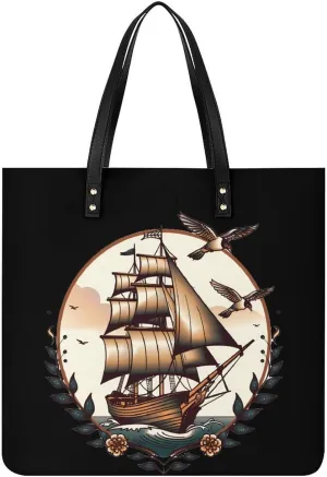 School Sailor Tattoo Clipper Ship And Swallows Top Handle Satchel Handbags PU Leather Tote Bags Shoulder Bags for Women