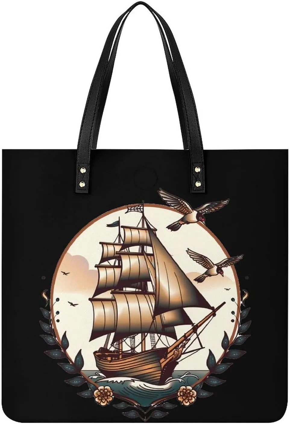 School Sailor Tattoo Clipper Ship And Swallows Top Handle Satchel Handbags PU Leather Tote Bags Shoulder Bags for Women