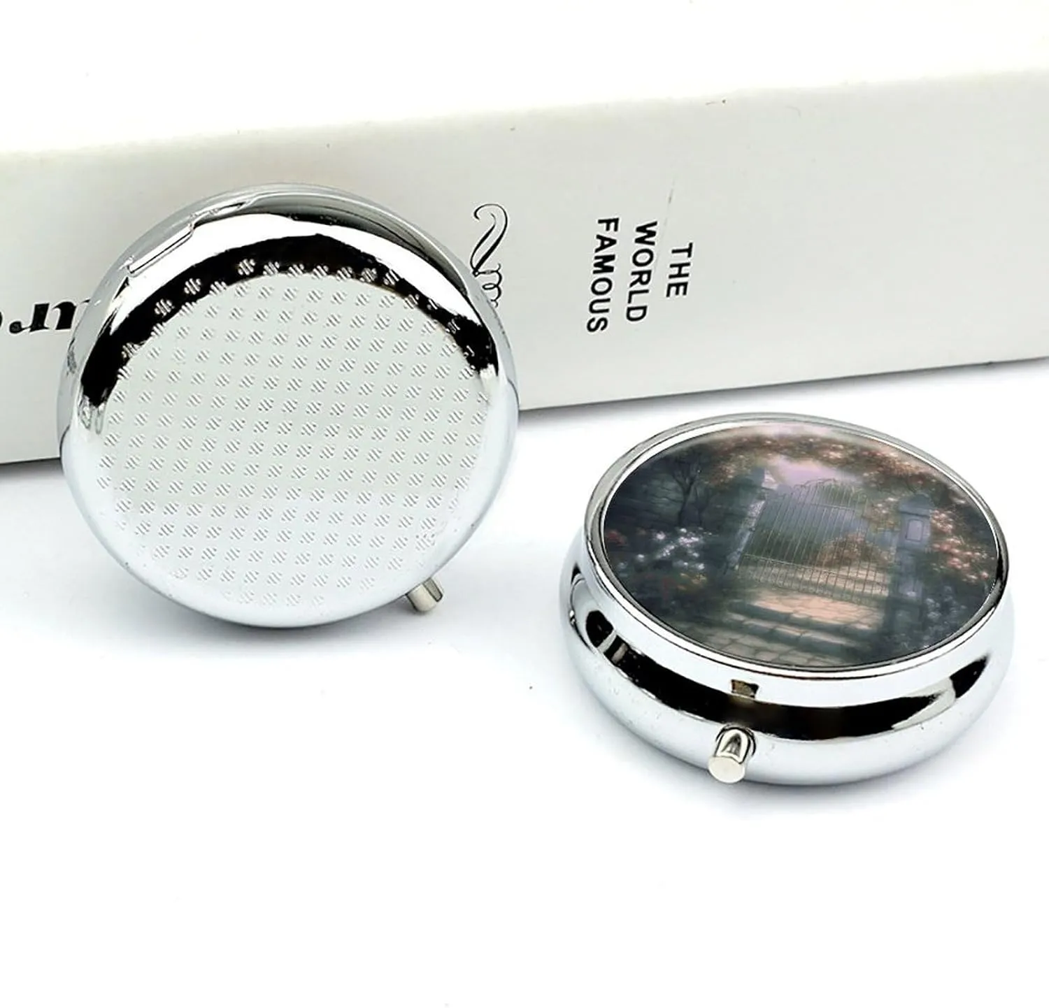 Secret Garden Medicine Pill Case, 3 Compartment Round Pill Box, Portable Decorative Medicine Organizer for Pocket Or Purse Vitamin Organize