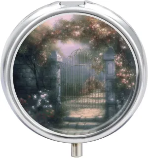 Secret Garden Medicine Pill Case, 3 Compartment Round Pill Box, Portable Decorative Medicine Organizer for Pocket Or Purse Vitamin Organize