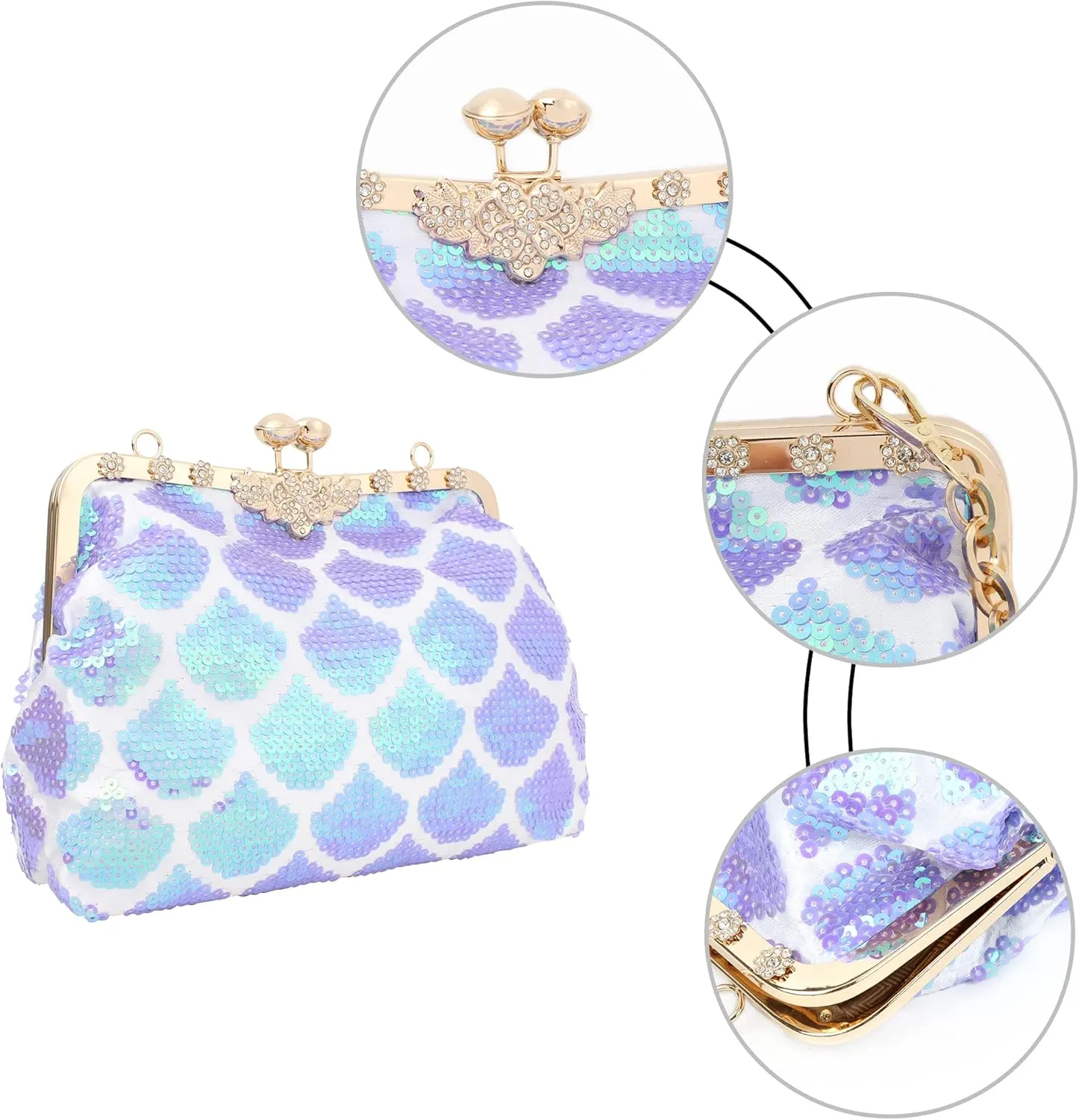 Sequins Mermaid Evening Clutch Purse Kiss Lock Top handle Handbag Chain Shoulder Bag