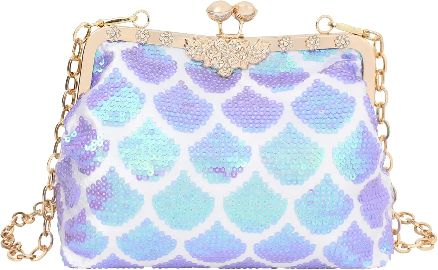 Sequins Mermaid Evening Clutch Purse Kiss Lock Top handle Handbag Chain Shoulder Bag