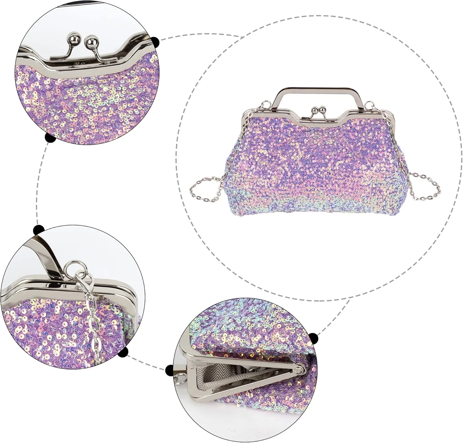 Sequins Mermaid Evening Clutch Purse Kiss Lock Top handle Handbag Chain Shoulder Bag