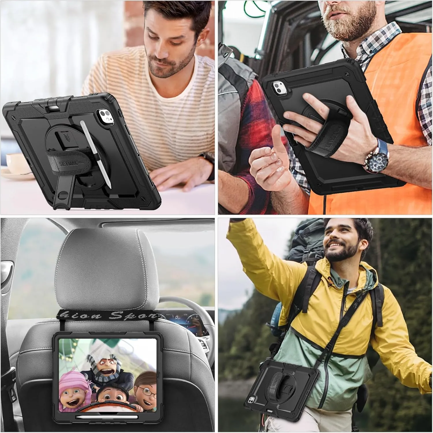 SEYMAC stock Case for iPad Pro 13 inch Case 2024 (M4), Shockproof Protective with Pencil Holder, Screen Protector, 360° Rotate Stand, Adjustable Hand Strap, Shoulder Strap, Black
