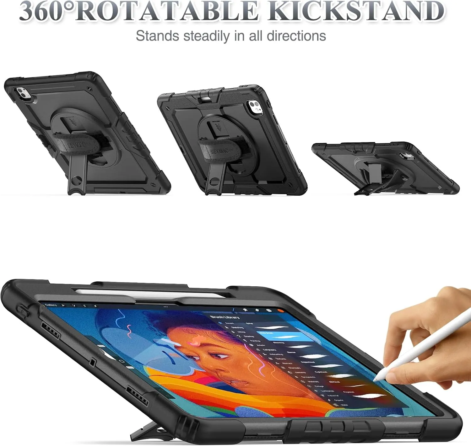 SEYMAC stock Case for iPad Pro 13 inch Case 2024 (M4), Shockproof Protective with Pencil Holder, Screen Protector, 360° Rotate Stand, Adjustable Hand Strap, Shoulder Strap, Black