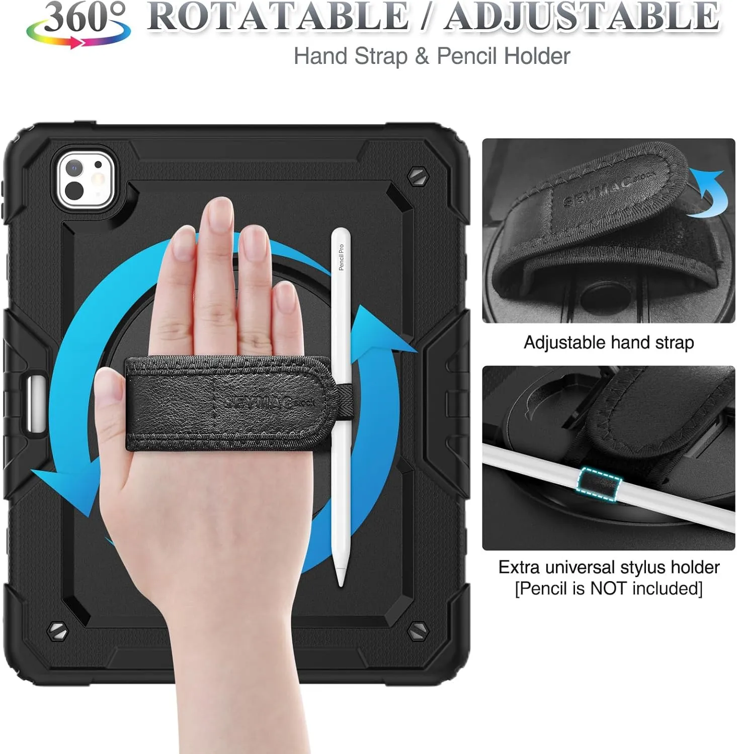 SEYMAC stock Case for iPad Pro 13 inch Case 2024 (M4), Shockproof Protective with Pencil Holder, Screen Protector, 360° Rotate Stand, Adjustable Hand Strap, Shoulder Strap, Black