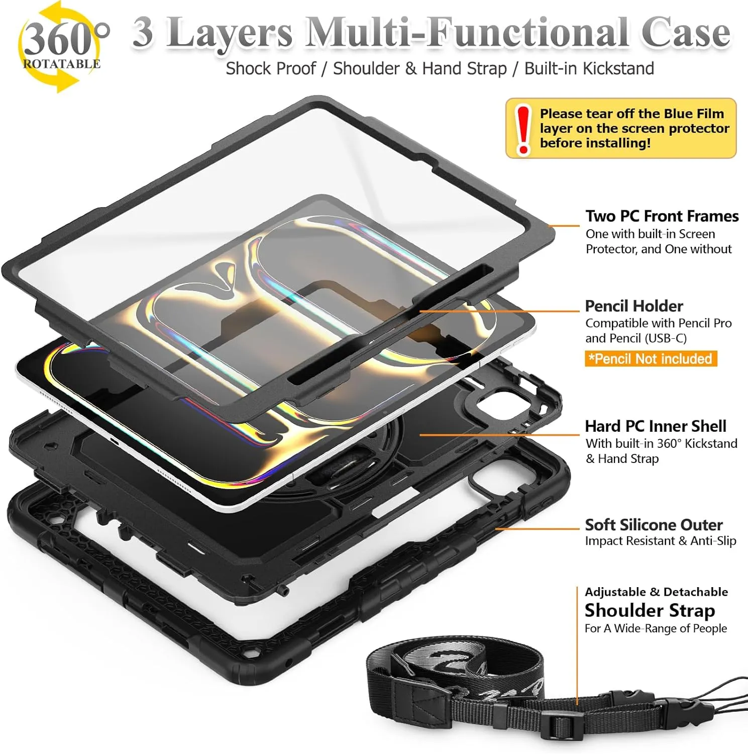 SEYMAC stock Case for iPad Pro 13 inch Case 2024 (M4), Shockproof Protective with Pencil Holder, Screen Protector, 360° Rotate Stand, Adjustable Hand Strap, Shoulder Strap, Black