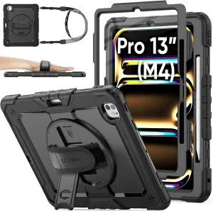 SEYMAC stock Case for iPad Pro 13 inch Case 2024 (M4), Shockproof Protective with Pencil Holder, Screen Protector, 360° Rotate Stand, Adjustable Hand Strap, Shoulder Strap, Black