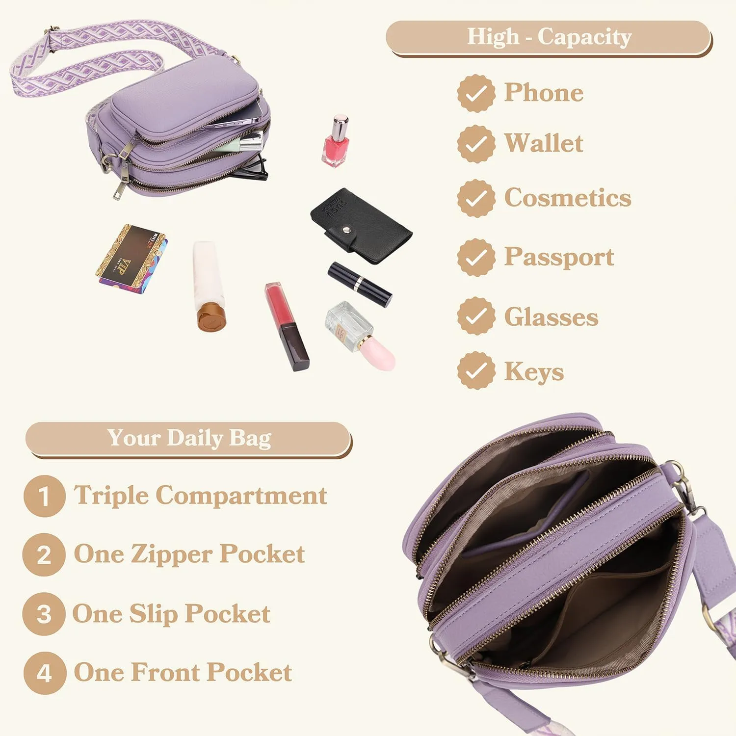 SG SUGU Small Crossbody Bag for Women, Triple Compartment Shoulder Handbags with Adjustable Strap, Camera Purse for Everyday