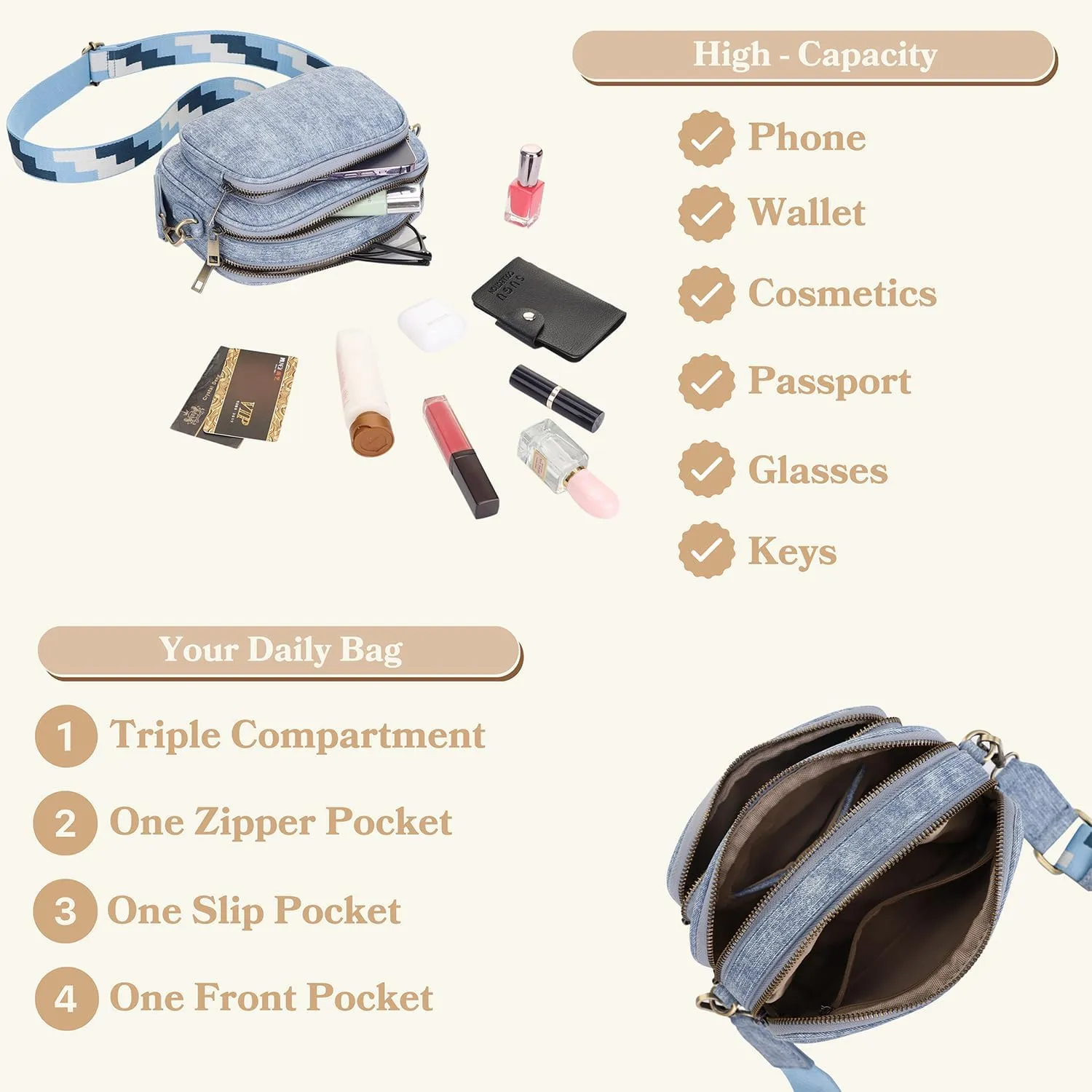 SG SUGU Small Crossbody Bag for Women, Triple Compartment Shoulder Handbags with Adjustable Strap, Camera Purse for Everyday