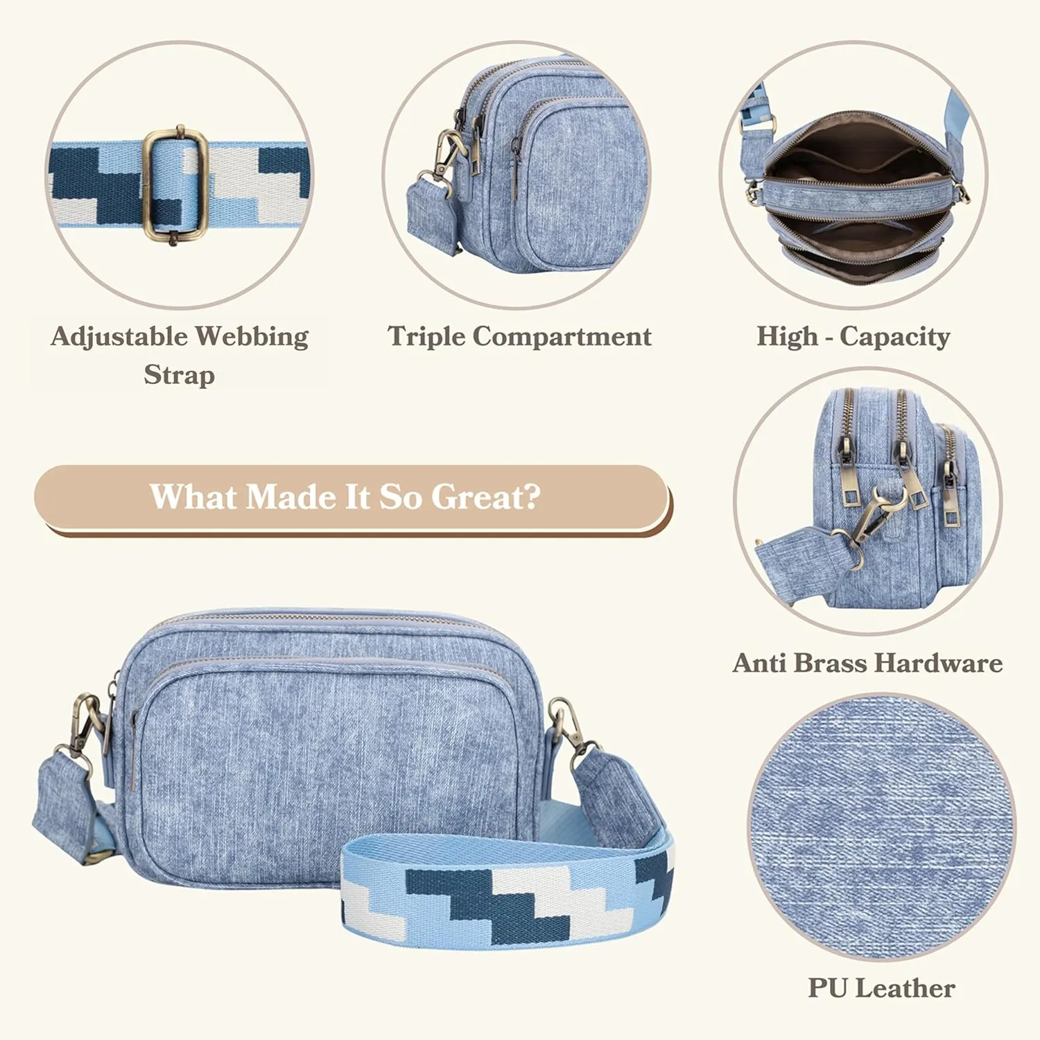 SG SUGU Small Crossbody Bag for Women, Triple Compartment Shoulder Handbags with Adjustable Strap, Camera Purse for Everyday