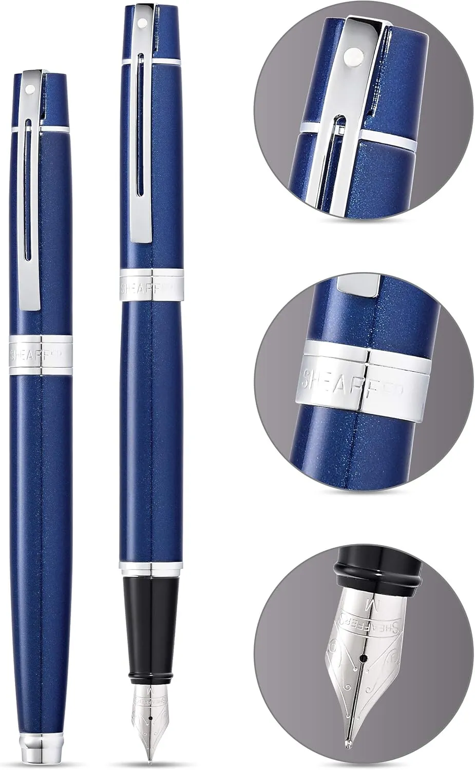 Sheaffer 300 Glossy Blue Lacquer Fountain Pen with Chrome-Plated Trim and Medium Nib