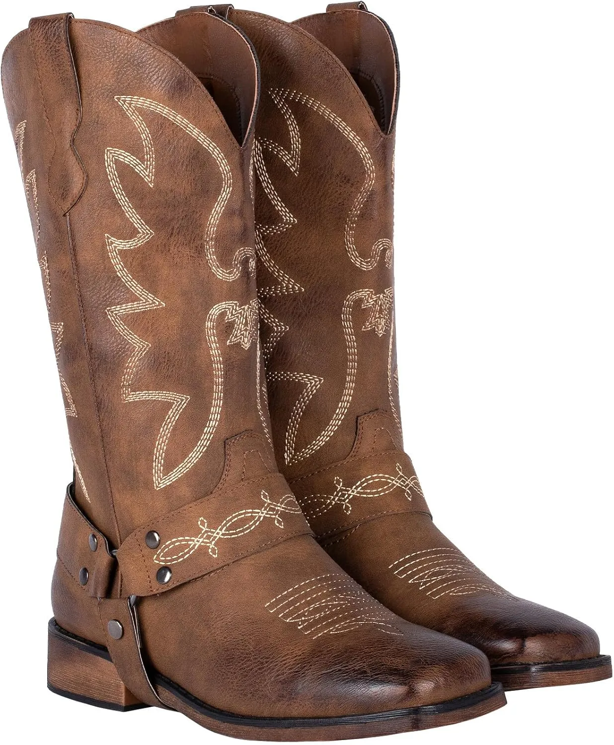 SheSole Women's Buckle Strap Wide Calf Cowboy Boots Square Toe Western Cowgirl Boots