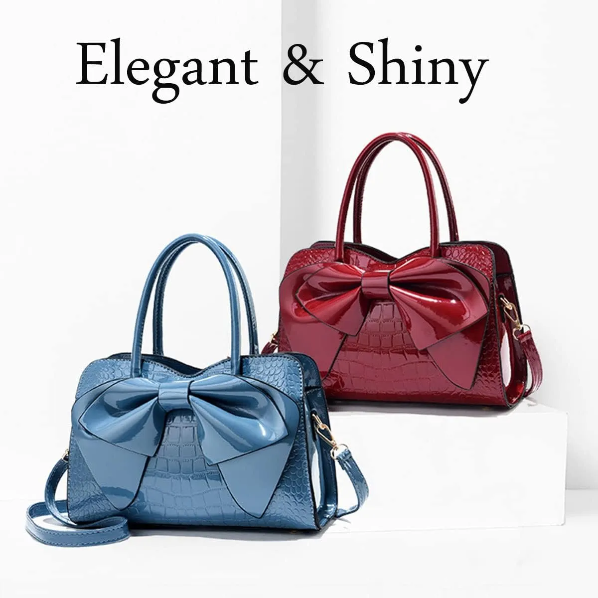 Shiny Women Handbag Patent Leather Bowknot Purse Charm Glossy Top-Handle Satchel Tote Fashion Shoulder Bag