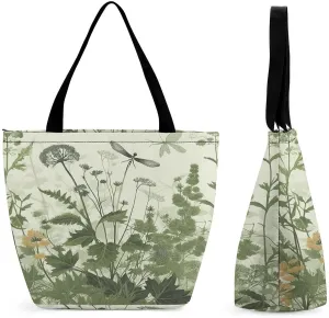 Shopping Zippered Tote for Women,Herbs with Dragonflies Print Travel Totes Bag,Beach Tote Bags,Overnight Handbag,reusable Shopping Bags