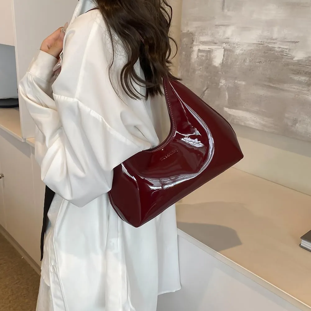 Shoulder Bag for Women - Burgundy Y2k Handbag, Trendy Patent Leather Shoulder Purse, Wine Red Tote