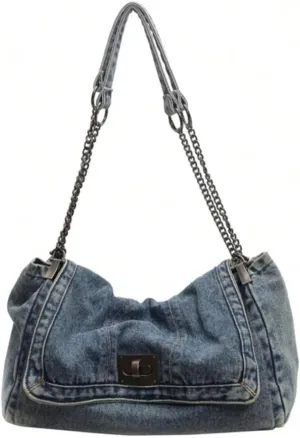 Shoulder Bag for Women, Washed Jean Crossbody Tote Purse with Adjustable Chain Strap, Large Casual Handbag with Zipper Pocket for Daily Travel Work Shopping