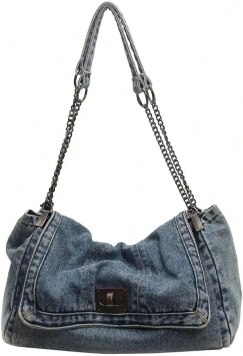 Shoulder Bag for Women, Washed Jean Crossbody Tote Purse with Adjustable Chain Strap, Large Casual Handbag with Zipper Pocket for Daily Travel Work Shopping