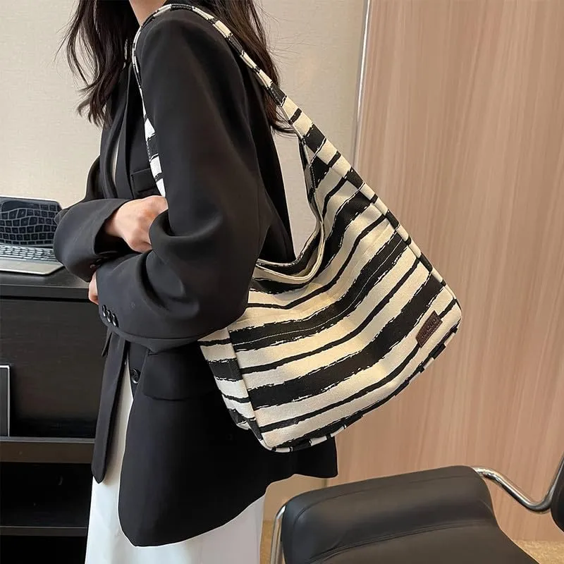 Shoulder Bag Striped Hobo Bags Womens Purses and Handbags Tote Bag for Women Work Casual Shopping Tote Purse Handbag Black